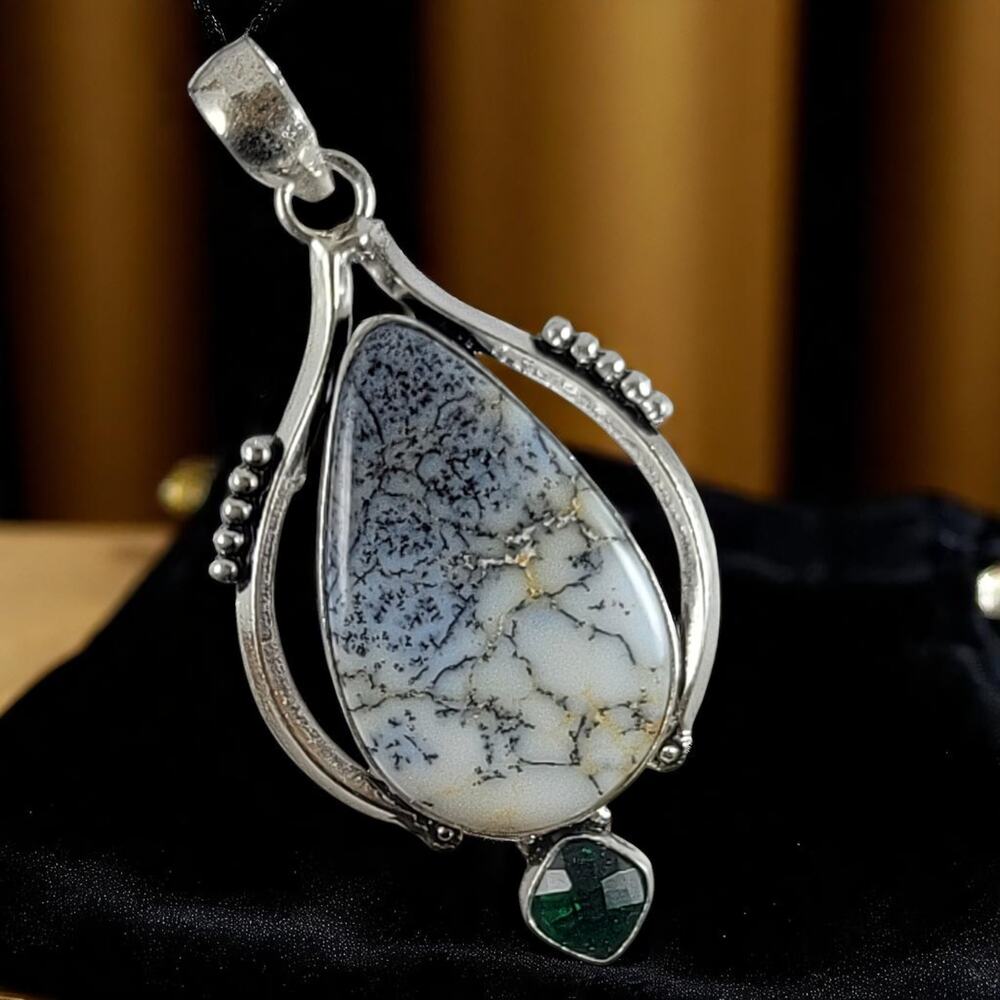 Dendritic Opal Pendant 925 Silver Necklace with Green Gem and 20" Chain